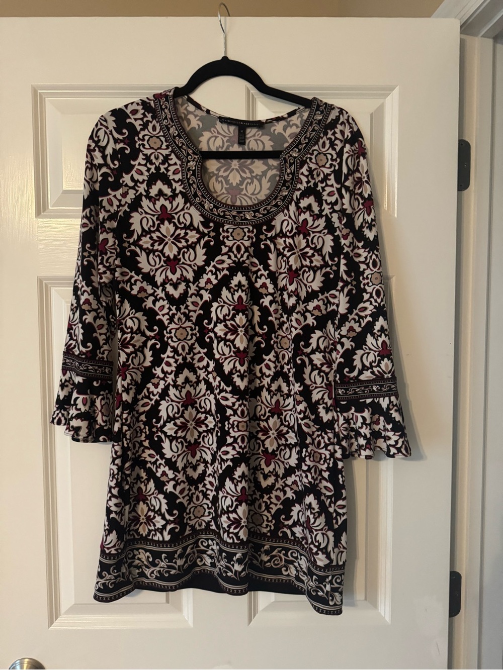 White House Black Market Black, White and Burgundy Patterned Tunic